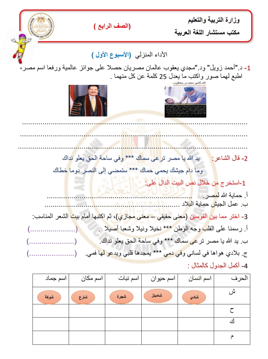 تقييمات وأداءات الأسبوع الأول والثاني في اللغة العربية للصف الرابع الإبتدائي بالفصل الدراسي الأول